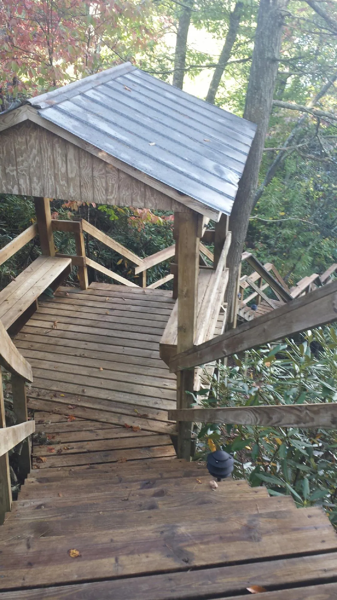 Metal roofed shelter over wooden steps on a wooded walkway — Skylight Repair & Installation work by our crew in Alledonia